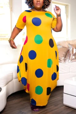 Summer New 3 Colors Contrast Color Circle Pattern Batch Printing Strech Short Sleeve Crew Neck Shirring Swing Irregular Stylish Casual Maxi Dress Wholesale