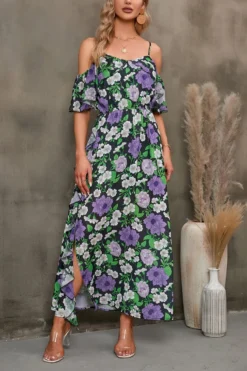 S-2XL Plus Size Summer New Stylish Flower Batch Printing Off Shoulder Inelastic Slit Casual Maxi Dress Wholesale