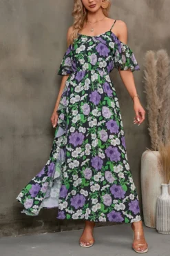 S-2XL Plus Size Summer New Stylish Flower Batch Printing Off Shoulder Inelastic Slit Casual Maxi Dress Wholesale -Plus-Size Dresses Sales Store AA007559 3