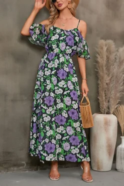 S-2XL Plus Size Summer New Stylish Flower Batch Printing Off Shoulder Inelastic Slit Casual Maxi Dress Wholesale -Plus-Size Dresses Sales Store AA007559 4