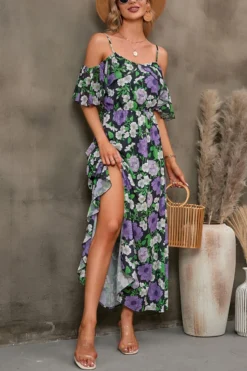 S-2XL Plus Size Summer New Stylish Flower Batch Printing Off Shoulder Inelastic Slit Casual Maxi Dress Wholesale -Plus-Size Dresses Sales Store AA007559 5