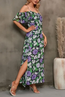 S-2XL Plus Size Summer New Stylish Flower Batch Printing Off Shoulder Inelastic Slit Casual Maxi Dress Wholesale -Plus-Size Dresses Sales Store AA007559 6