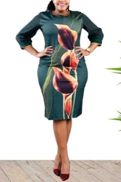 2XL-6XL Plus Size Summer New Floral & Stripe Fixed Printing Micro-elastic Three-quarter Sleeve Crew Neck Slit Zip-up Slim Stylish Retro Midi Dress Wholesale