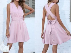 Summer New Solid Color Non-stretch V-neck Backless Tied Sexy Vacation Style Mini Dress Wholesale 19 Summer New Solid Color Non-stretch V-neck Backless Tied Sexy Vacation Style Mini Dress Wholesale -Plus-Size Dresses Sales Store AA007798 10