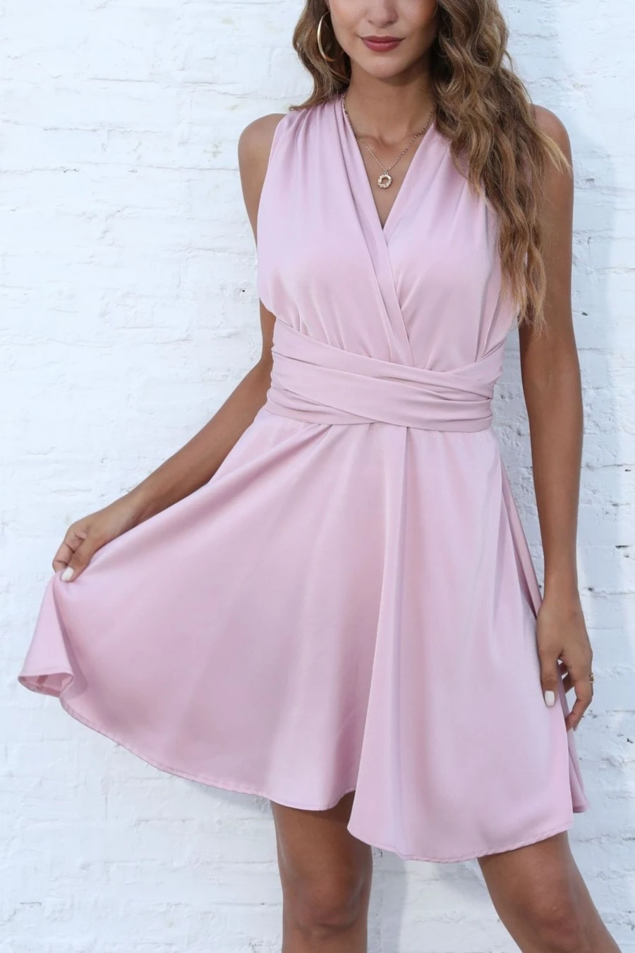 Summer New Solid Color Non-stretch V-neck Backless Tied Sexy Vacation Style Mini Dress Wholesale 4 Summer New Solid Color Non-stretch V-neck Backless Tied Sexy Vacation Style Mini Dress Wholesale - Image 4