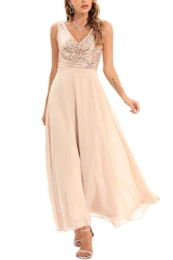 Summer New 2 Colors Sequin Mesh Patchwork Stretch Sleeveless V-neck Swing Stylish Elegant Maxi Dress(with Lining) Wholesale