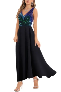 Summer New 2 Colors Sequin Mesh Patchwork Stretch Sleeveless V-neck Swing Stylish Elegant Maxi Dress(with Lining) Wholesale -Plus-Size Dresses Sales Store AA008045 10