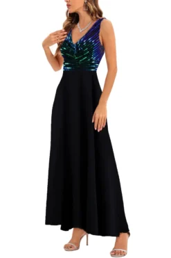 Summer New 2 Colors Sequin Mesh Patchwork Stretch Sleeveless V-neck Swing Stylish Elegant Maxi Dress(with Lining) Wholesale -Plus-Size Dresses Sales Store AA008045 11