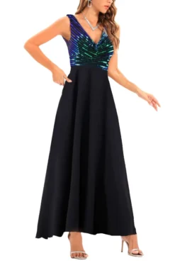 Summer New 2 Colors Sequin Mesh Patchwork Stretch Sleeveless V-neck Swing Stylish Elegant Maxi Dress(with Lining) Wholesale -Plus-Size Dresses Sales Store AA008045 12