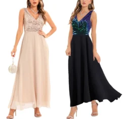 Summer New 2 Colors Sequin Mesh Patchwork Stretch Sleeveless V-neck Swing Stylish Elegant Maxi Dress(with Lining) Wholesale -Plus-Size Dresses Sales Store AA008045 14