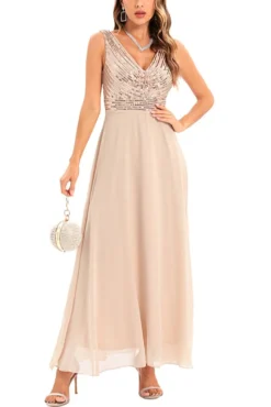 Summer New 2 Colors Sequin Mesh Patchwork Stretch Sleeveless V-neck Swing Stylish Elegant Maxi Dress(with Lining) Wholesale -Plus-Size Dresses Sales Store AA008045 3