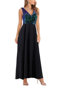 Summer New 2 Colors Sequin Mesh Patchwork Stretch Sleeveless V-neck Swing Stylish Elegant Maxi Dress(with Lining) Wholesale -Plus-Size Dresses Sales Store AA008045 9