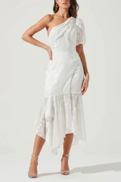 Summer New Stylish Mesh See-through Patchwork One Shoulder Zip-up Irregular Elegant Midi Dress Wholesale