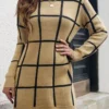 Autumn & Winter New 3 Colors Stretch Knitted Plaid Contrast Color Spliced Long Sleeves Casual Mini Dress(without Belt) Wholesale Casual Dresses
