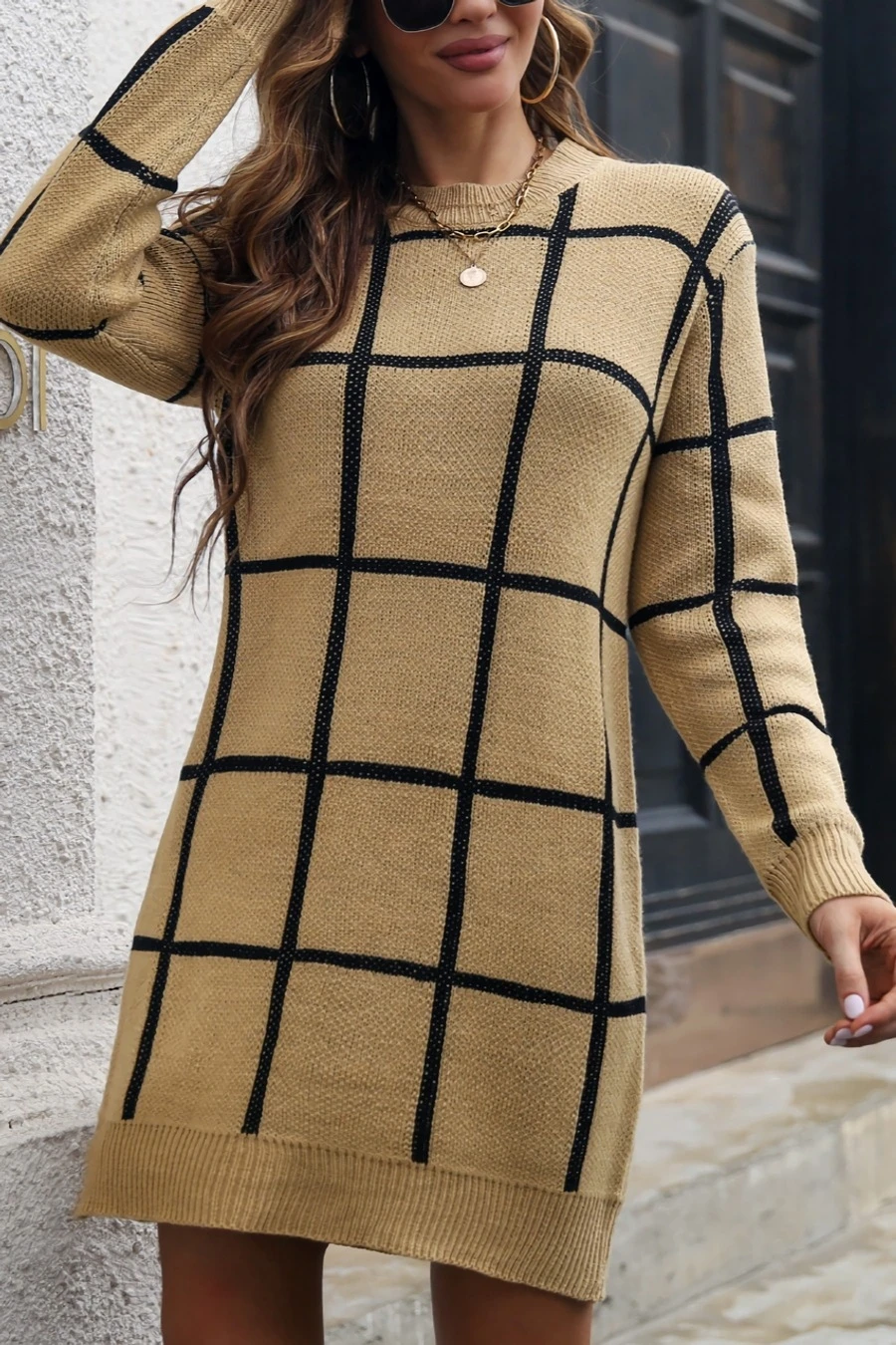 Autumn & Winter New 3 Colors Stretch Knitted Plaid Contrast Color Spliced Long Sleeves Casual Mini Dress(without Belt) Wholesale Casual Dresses 2 Autumn & Winter New 3 Colors Stretch Knitted Plaid Contrast Color Spliced Long Sleeves Casual Mini Dress(without Belt) Wholesale Casual Dresses - Image 2