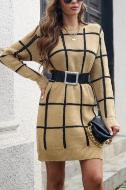 Autumn & Winter New 3 Colors Stretch Knitted Plaid Contrast Color Spliced Long Sleeves Casual Mini Dress(without Belt) Wholesale Casual Dresses 21 Autumn & Winter New 3 Colors Stretch Knitted Plaid Contrast Color Spliced Long Sleeves Casual Mini Dress(without Belt) Wholesale Casual Dresses -Plus-Size Dresses Sales Store AA008075 4