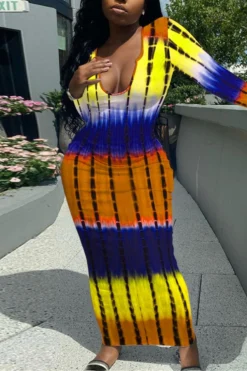 Autumn New Stylish 5 Colors Multicolor Printing Slight stretch Slim Plus Size Casual Maxi Dress Wholesale -Plus-Size Dresses Sales Store AA008080 3