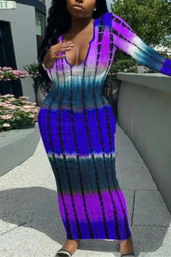 Autumn New Stylish 5 Colors Multicolor Printing Slight stretch Slim Plus Size Casual Maxi Dress Wholesale -Plus-Size Dresses Sales Store AA008080 5