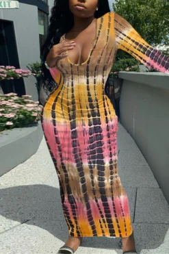 Autumn New Stylish 5 Colors Multicolor Printing Slight stretch Slim Plus Size Casual Maxi Dress Wholesale -Plus-Size Dresses Sales Store AA008080 7