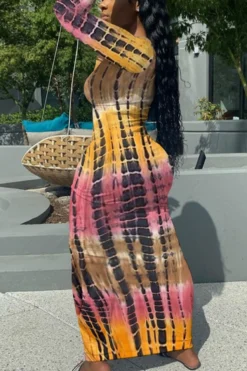 Autumn New Stylish 5 Colors Multicolor Printing Slight stretch Slim Plus Size Casual Maxi Dress Wholesale -Plus-Size Dresses Sales Store AA008080 8