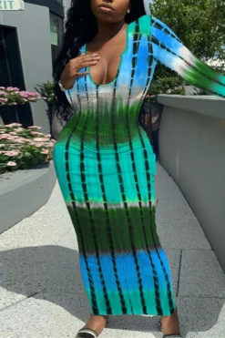 Autumn New Stylish 5 Colors Multicolor Printing Slight stretch Slim Plus Size Casual Maxi Dress Wholesale -Plus-Size Dresses Sales Store AA008080 9