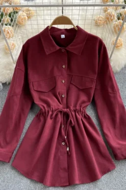 Autumn New Stylish 6 Colors Simple Solid Color Single Breasted Drawstring Slight stretch Casual Mini Dress Wholesale Casual Dresses