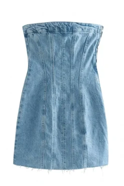 XS-L Summer New Stylish Inelastic Solid Color Tube Design Side Zip-up Slim Sexy Mini Denim Dress Wholesale