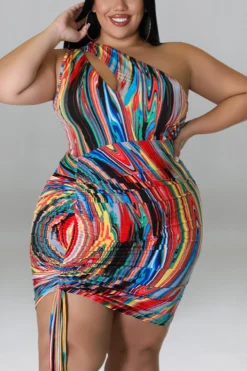 XL-5XL Plus Size Summer New 4 Colors Slight stretch One Shoulder Drawstring Slim Tie Dye Batch Printing Hollow Sexy Mini Dress Wholesale Plus-Size Dresses