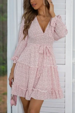 XS-L Spring & Autumn New Inelastic Floral Batch Printing With Belt V-neck Stylish Mini Dress Wholesale Casual Dresses