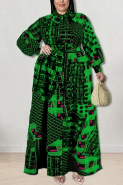 XL-5XL Plus Size Autumn New 5 Colors Micro Elastic Geometric Printing With Belt Loose Casual Maxi Dress Wholesale