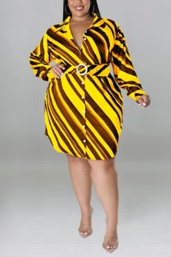 XL-5XL Plus Size Spring New 5 Colors Inelastic Stripe Printing Single-breasted With Belt Casual Mini Dress Wholesale
