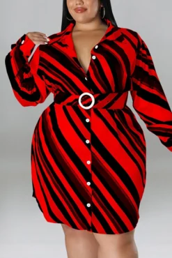 XL-5XL Plus Size Spring New 5 Colors Inelastic Stripe Printing Single-breasted With Belt Casual Mini Dress Wholesale -Plus-Size Dresses Sales Store AA008874 10