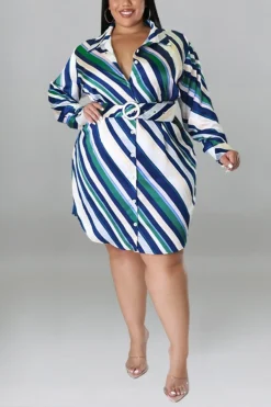 XL-5XL Plus Size Spring New 5 Colors Inelastic Stripe Printing Single-breasted With Belt Casual Mini Dress Wholesale -Plus-Size Dresses Sales Store AA008874 13