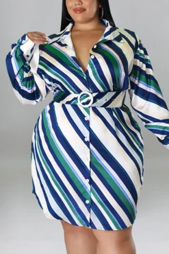 XL-5XL Plus Size Spring New 5 Colors Inelastic Stripe Printing Single-breasted With Belt Casual Mini Dress Wholesale -Plus-Size Dresses Sales Store AA008874 14