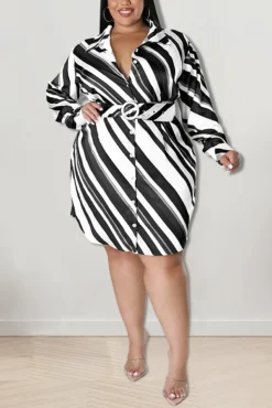 XL-5XL Plus Size Spring New 5 Colors Inelastic Stripe Printing Single-breasted With Belt Casual Mini Dress Wholesale -Plus-Size Dresses Sales Store AA008874 17