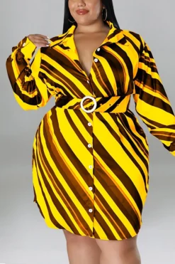 XL-5XL Plus Size Spring New 5 Colors Inelastic Stripe Printing Single-breasted With Belt Casual Mini Dress Wholesale -Plus-Size Dresses Sales Store AA008874 2