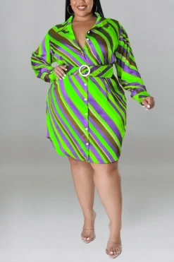 XL-5XL Plus Size Spring New 5 Colors Inelastic Stripe Printing Single-breasted With Belt Casual Mini Dress Wholesale -Plus-Size Dresses Sales Store AA008874 5