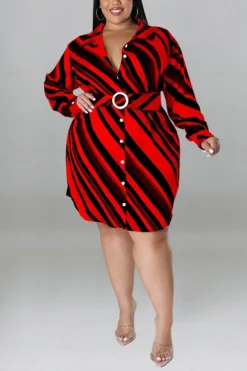 XL-5XL Plus Size Spring New 5 Colors Inelastic Stripe Printing Single-breasted With Belt Casual Mini Dress Wholesale -Plus-Size Dresses Sales Store AA008874 9