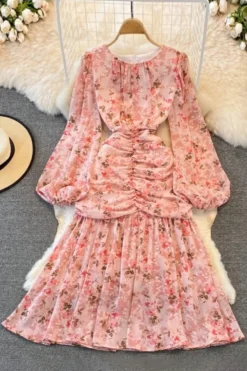 Autumn New 5 Colors Inelastic Floral Batch Printing Crew Neck Back Zip-up Stylish Midi Dress Wholesale Casual Dresses