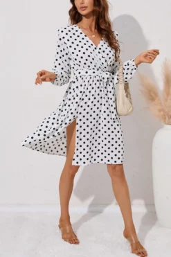 Autumn New Plus Size 2 Colors Polka Dot Batch Printing Slight Stretch Long Sleeve V-neck Lace Up Slit Stylish Casual Midi Dress (with Belt) Wholesale -Plus-Size Dresses Sales Store AA009193 11