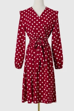 Autumn New Plus Size 2 Colors Polka Dot Batch Printing Slight Stretch Long Sleeve V-neck Lace Up Slit Stylish Casual Midi Dress (with Belt) Wholesale -Plus-Size Dresses Sales Store AA009193 12