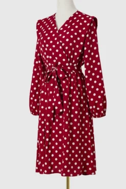 Autumn New Plus Size 2 Colors Polka Dot Batch Printing Slight Stretch Long Sleeve V-neck Lace Up Slit Stylish Casual Midi Dress (with Belt) Wholesale -Plus-Size Dresses Sales Store AA009193 13