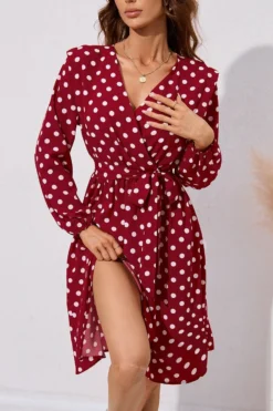 Autumn New Plus Size 2 Colors Polka Dot Batch Printing Slight Stretch Long Sleeve V-neck Lace Up Slit Stylish Casual Midi Dress (with Belt) Wholesale -Plus-Size Dresses Sales Store AA009193 3