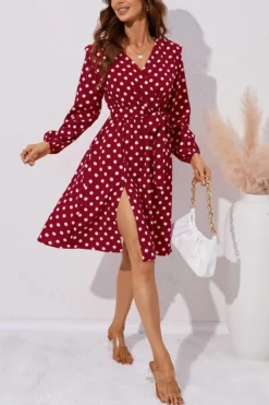 Autumn New Plus Size 2 Colors Polka Dot Batch Printing Slight Stretch Long Sleeve V-neck Lace Up Slit Stylish Casual Midi Dress (with Belt) Wholesale -Plus-Size Dresses Sales Store AA009193 5