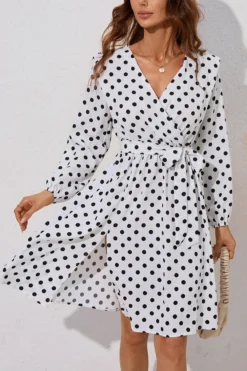 Autumn New Plus Size 2 Colors Polka Dot Batch Printing Slight Stretch Long Sleeve V-neck Lace Up Slit Stylish Casual Midi Dress (with Belt) Wholesale -Plus-Size Dresses Sales Store AA009193 7