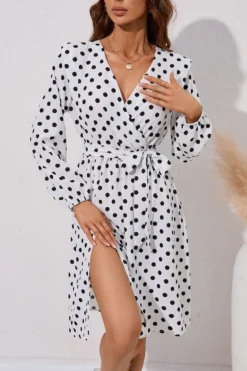 Autumn New Plus Size 2 Colors Polka Dot Batch Printing Slight Stretch Long Sleeve V-neck Lace Up Slit Stylish Casual Midi Dress (with Belt) Wholesale -Plus-Size Dresses Sales Store AA009193 9