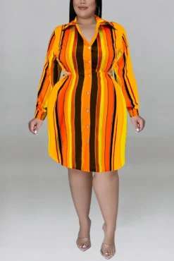 XL-5XL Plus Size Autumn New 5 Colors Stripe Printing Inelastic Hollow Single-breasted Sexy Midi Shirt Dress Wholesale Plus-Size Dresses