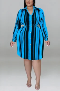XL-5XL Plus Size Autumn New 5 Colors Stripe Printing Inelastic Hollow Single-breasted Sexy Midi Shirt Dress Wholesale Plus-Size Dresses -Plus-Size Dresses Sales Store AA009476 3