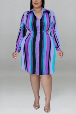 XL-5XL Plus Size Autumn New 5 Colors Stripe Printing Inelastic Hollow Single-breasted Sexy Midi Shirt Dress Wholesale Plus-Size Dresses -Plus-Size Dresses Sales Store AA009476 5