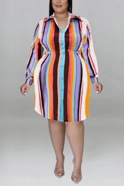 XL-5XL Plus Size Autumn New 5 Colors Stripe Printing Inelastic Hollow Single-breasted Sexy Midi Shirt Dress Wholesale Plus-Size Dresses -Plus-Size Dresses Sales Store AA009476 9